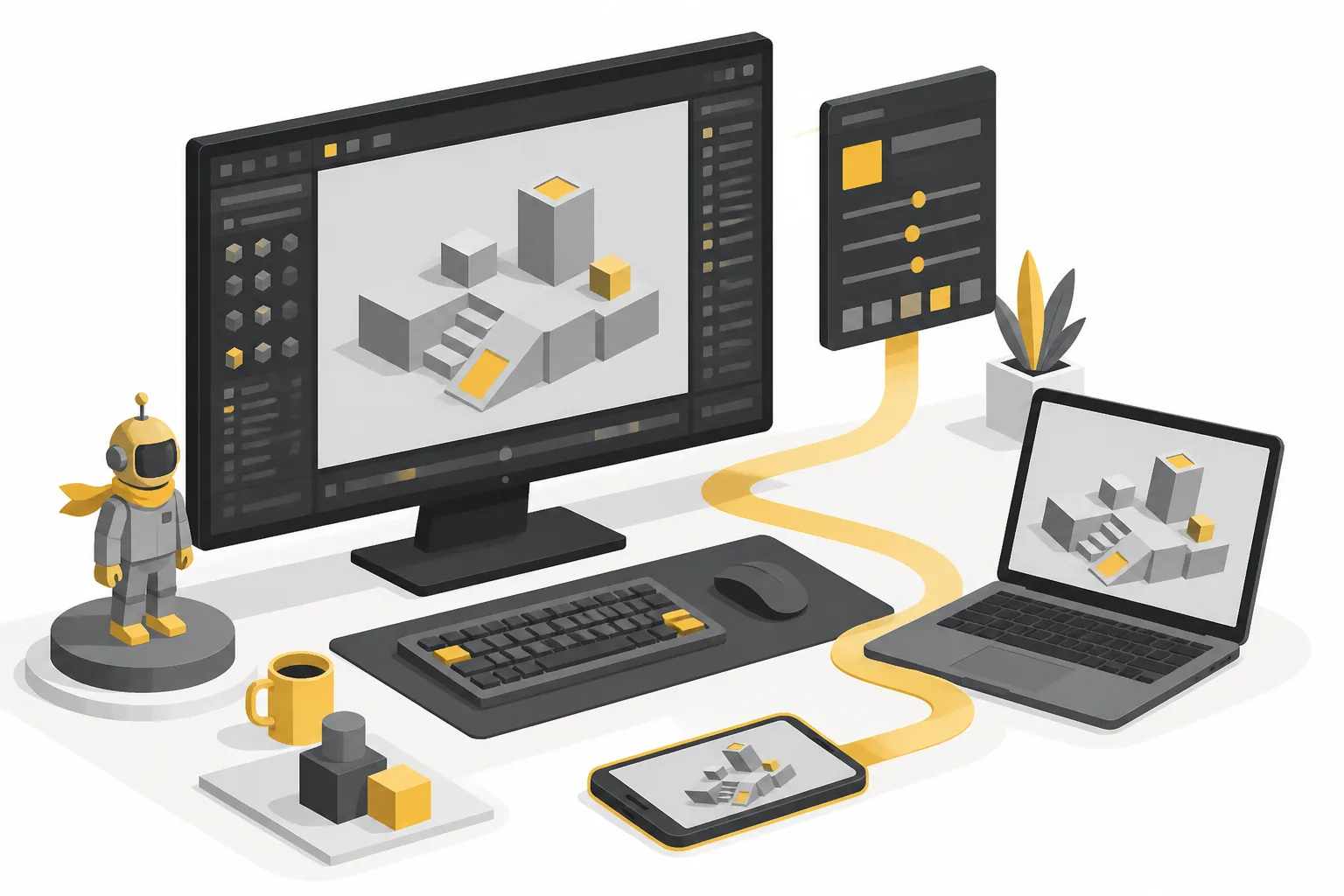 Рабочее место разработчика: сцена Unity на мониторе