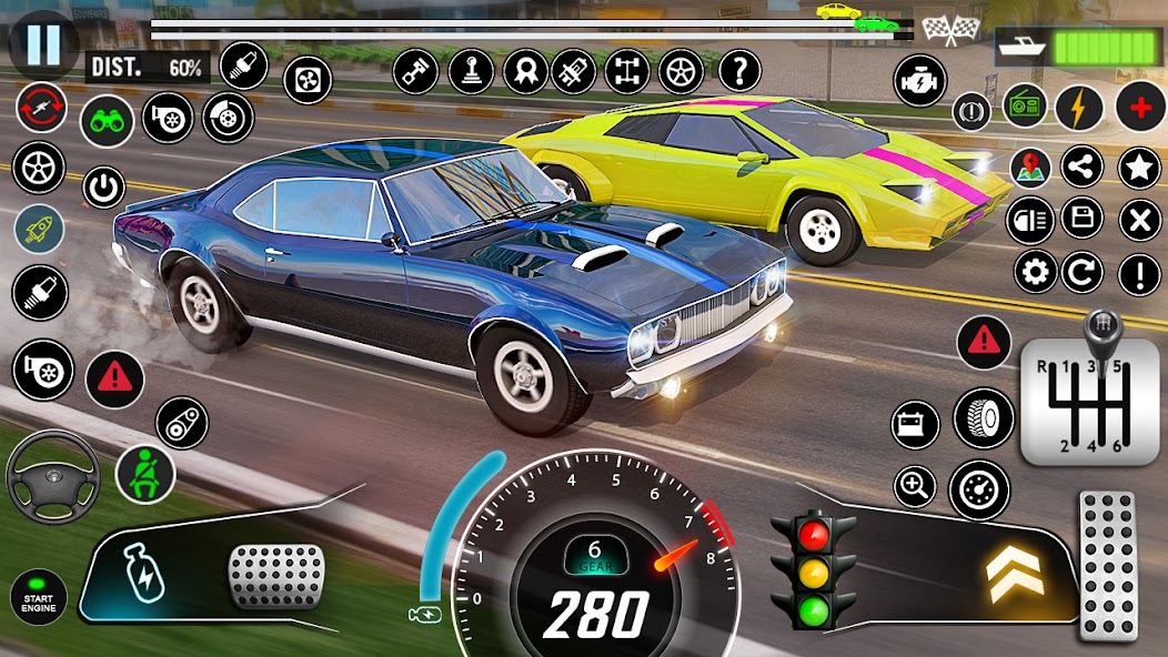 Drag Racing Game: автомобиль на ночной трассе и приборная панель
