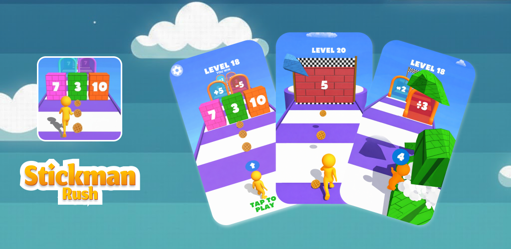 Stickman Rush: обложка, числовые ворота и кадры уровней
