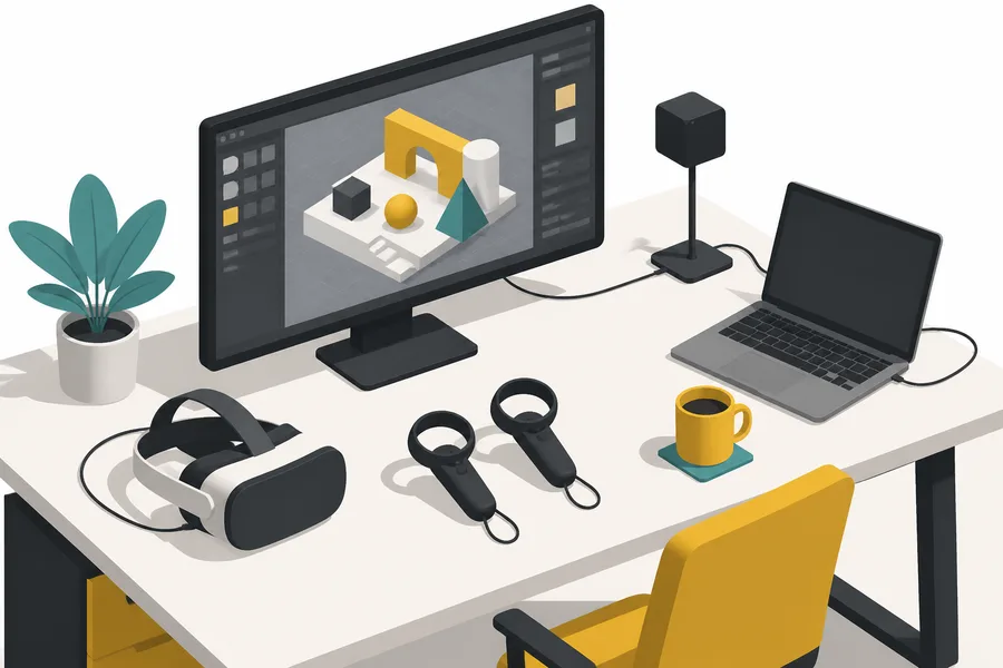 Изометрия рабочего места VR-разработчика: шлем, контроллеры и сцена на экране